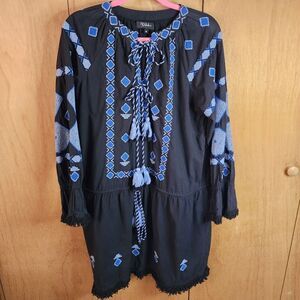 RD & Koko Boho Peasant Styled Embroidered Long Sleeve Black Dress Size Medium